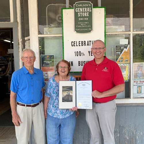 Congratulations to Carlson’s Country Store in Turtlepoint as they celebrate their 100th anniversary of being in business this year! Rep. Martin Causer (R-Turtlepoint) presented a House citation to George and Ginny Carlson, who operate the store along with Jim Carlson.